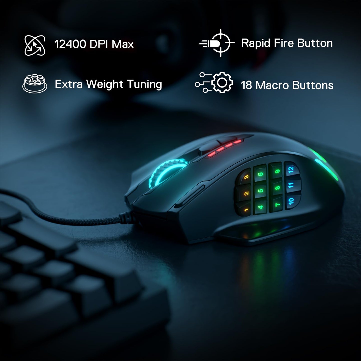 Redragon M908 Impact RGB LED MMO Gaming Mouse with 12 Side Buttons, Optical Wired Ergonomic Gamer Mouse with Max 12,400DPI, High Precision, 18 Programmable Macro Shortcuts, Comfort Grip