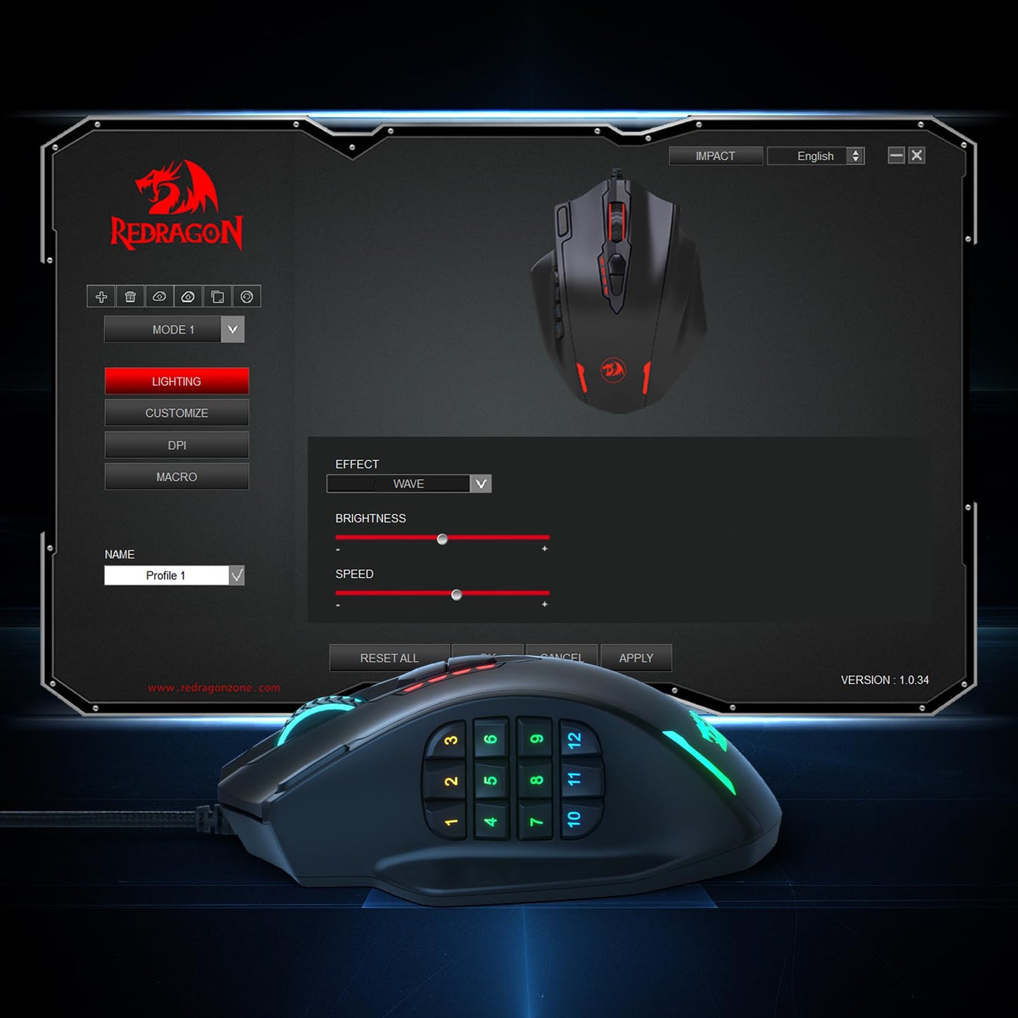 Redragon M908 Impact RGB LED MMO Gaming Mouse with 12 Side Buttons, Optical Wired Ergonomic Gamer Mouse with Max 12,400DPI, High Precision, 18 Programmable Macro Shortcuts, Comfort Grip