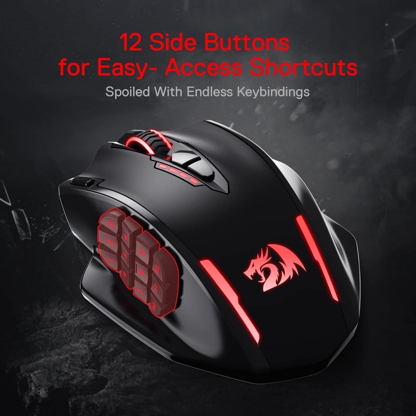 Redragon M908 Impact RGB LED MMO Gaming Mouse with 12 Side Buttons, Optical Wired Ergonomic Gamer Mouse with Max 12,400DPI, High Precision, 18 Programmable Macro Shortcuts, Comfort Grip