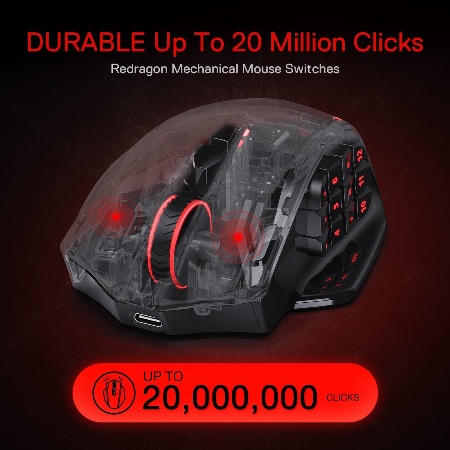 Redragon M908 Impact RGB LED MMO Gaming Mouse with 12 Side Buttons, Optical Wired Ergonomic Gamer Mouse with Max 12,400DPI, High Precision, 18 Programmable Macro Shortcuts, Comfort Grip