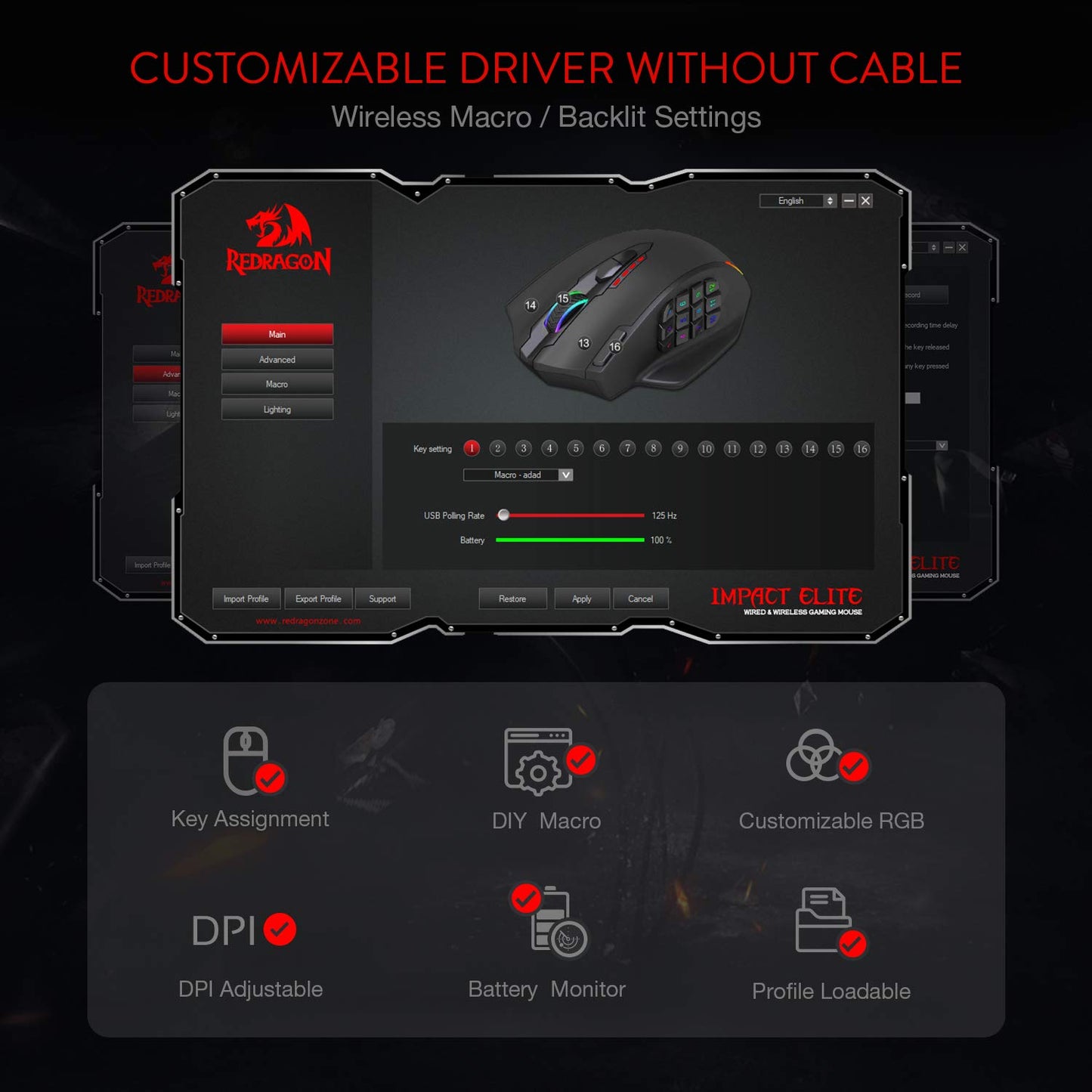 Redragon M908 Impact RGB LED MMO Gaming Mouse with 12 Side Buttons, Optical Wired Ergonomic Gamer Mouse with Max 12,400DPI, High Precision, 18 Programmable Macro Shortcuts, Comfort Grip