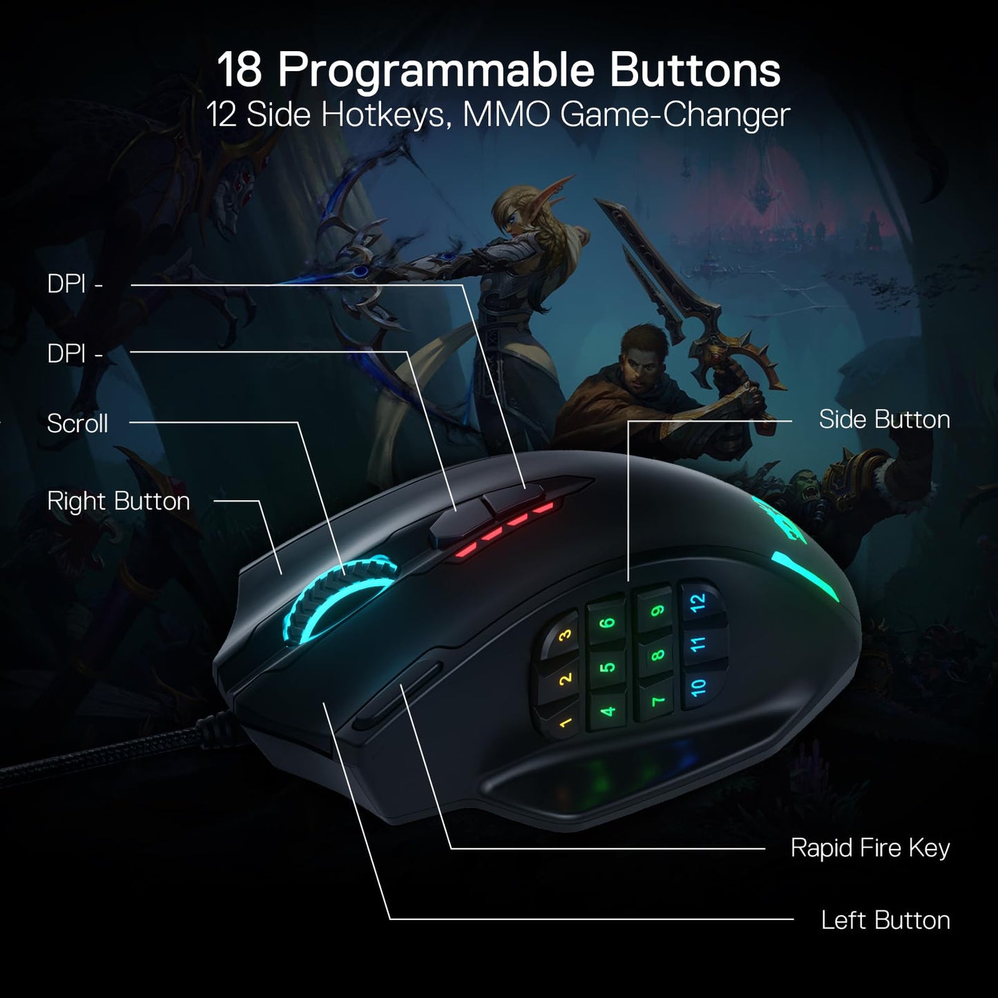 Redragon M908 Impact RGB LED MMO Gaming Mouse with 12 Side Buttons, Optical Wired Ergonomic Gamer Mouse with Max 12,400DPI, High Precision, 18 Programmable Macro Shortcuts, Comfort Grip