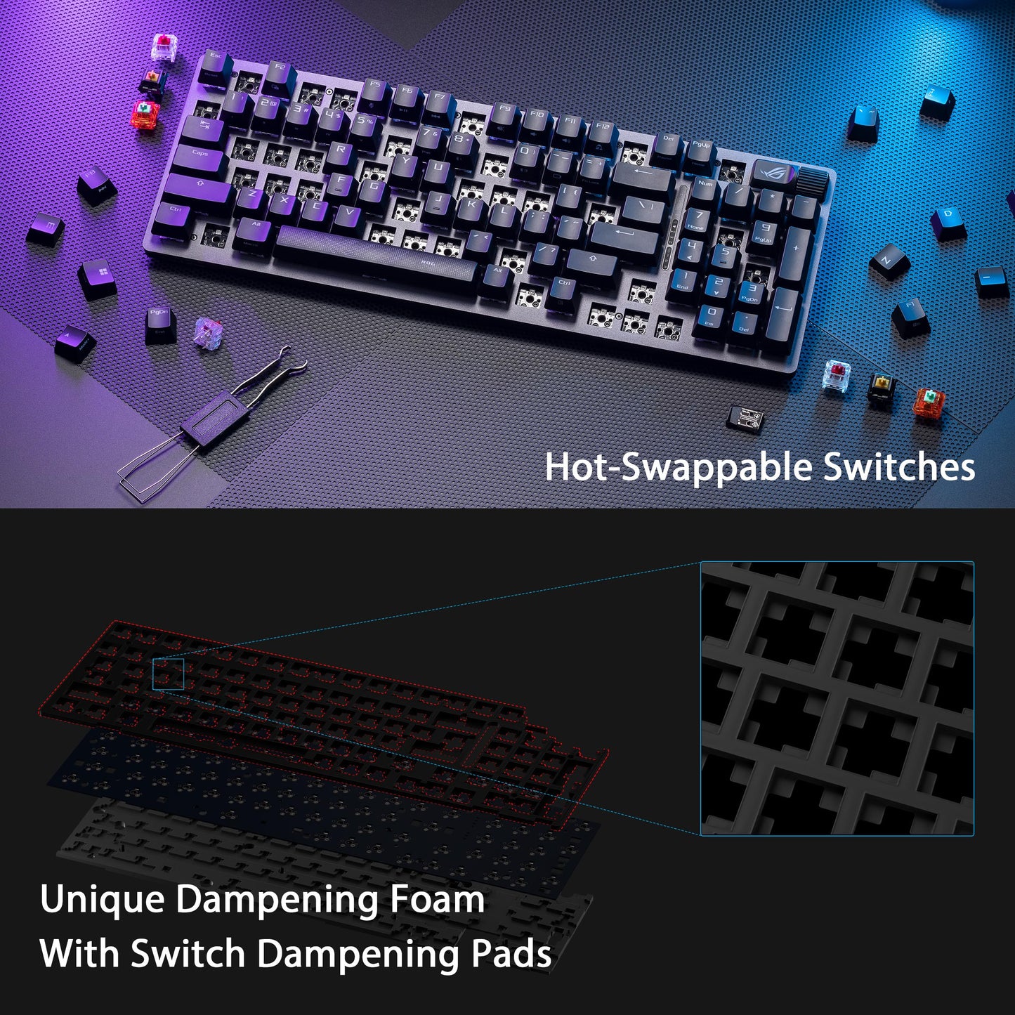 ASUS ROG Strix Scope II 96 Wireless Gaming Keyboard, Tri-Mode Connection, Dampening Foam & Switch-Dampening Pads, Hot-Swappable Pre-lubed ROG NX Snow Switches, PBT Keycaps, RGB-Black