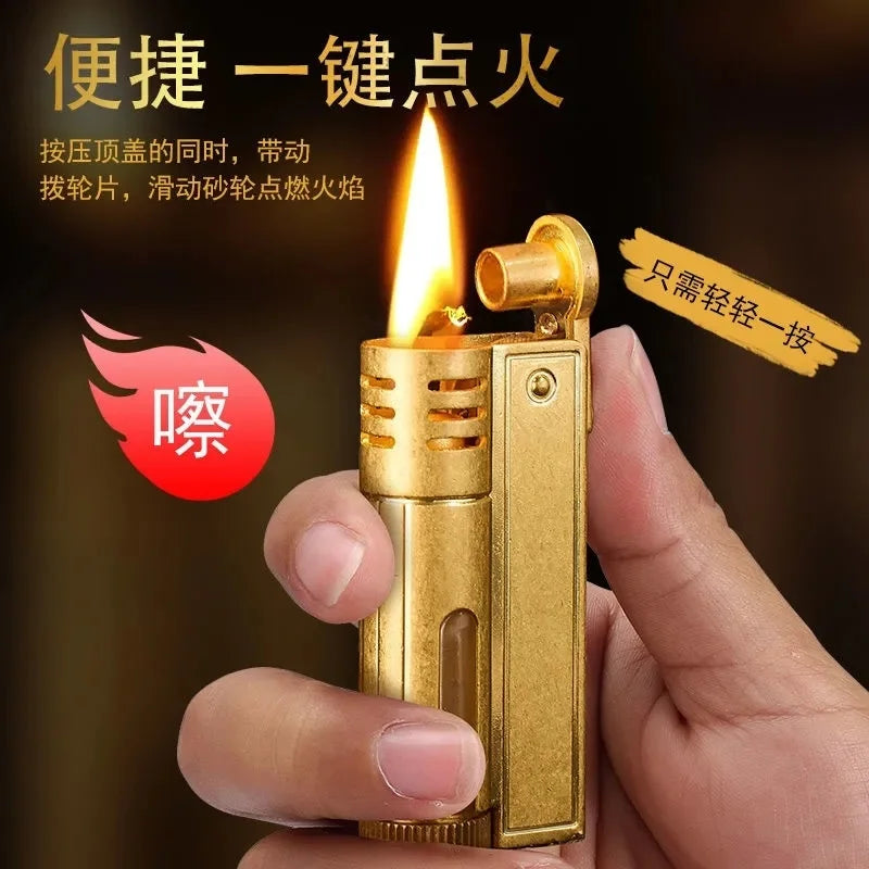 Classic Retro Gasoline Lighter Metal Windproof Open Flame Cigarette Lighters Grinding Wheel Flintstone One-Key Ignition