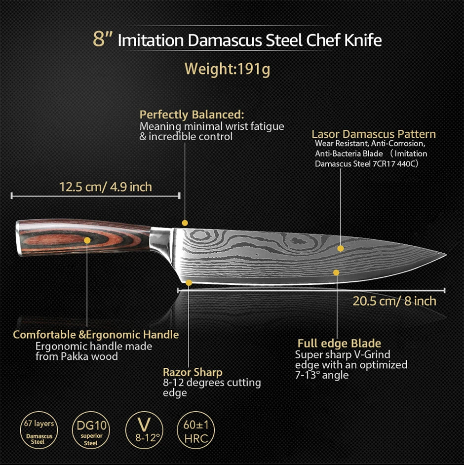 Kitchen Knife Professional Chef Knives Set 7CR17 High Carbon Steel Japanese Damascu Laser Gyuto Meat Cleaver Slicer Santoku Tool