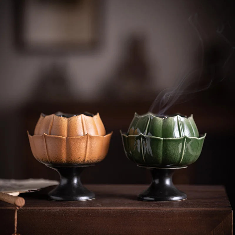 Ceramic handmade imitation floral thread incense tray - Home tea room aroma diffuser lotus leaf base Buddha hall incense burner