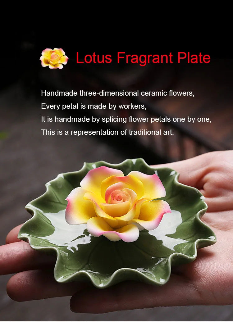 Ceramic handmade imitation floral thread incense tray - Home tea room aroma diffuser lotus leaf base Buddha hall incense burner