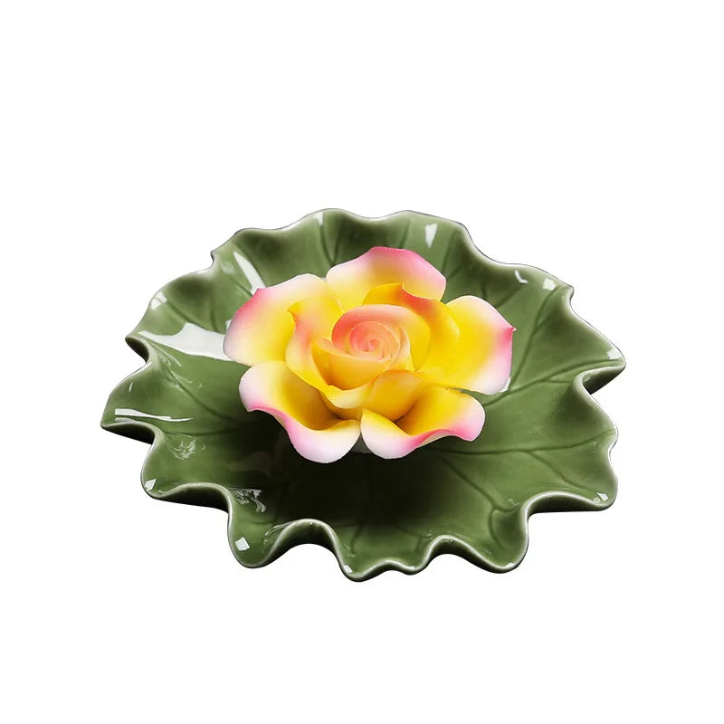 Ceramic handmade imitation floral thread incense tray - Home tea room aroma diffuser lotus leaf base Buddha hall incense burner