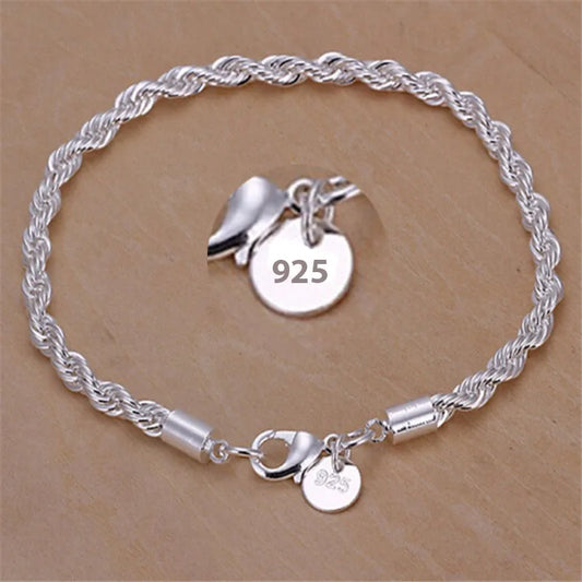 New High quality 925 Sterling Silver 4MM Women Men chain Male Twisted Rope Bracelets Fashion Silver Jewelry