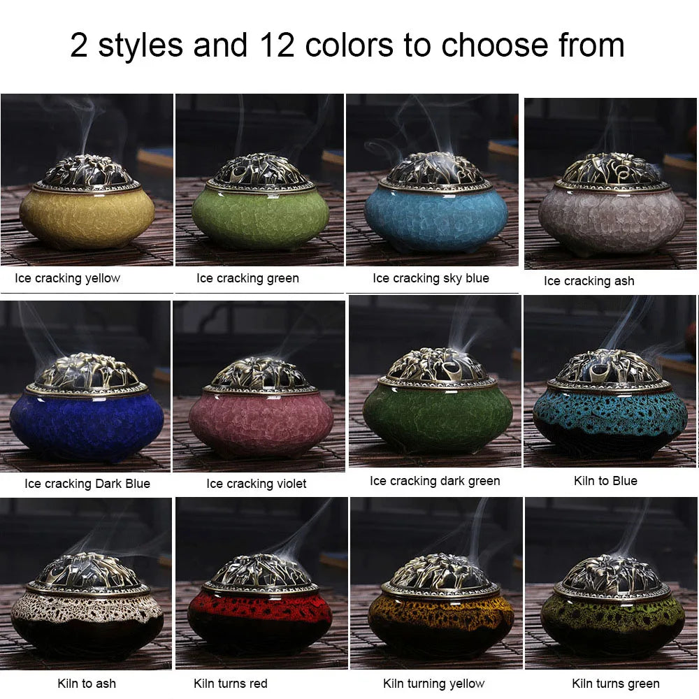 Ceramic handmade imitation floral thread incense tray - Home tea room aroma diffuser lotus leaf base Buddha hall incense burner