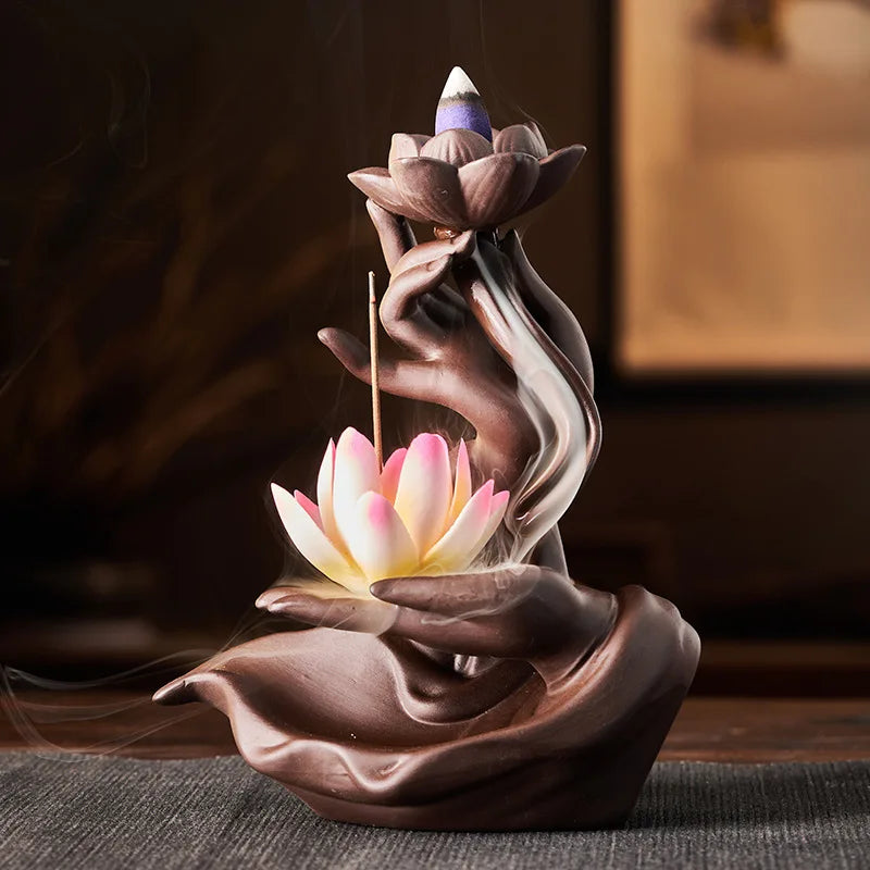 Ceramic handmade imitation floral thread incense tray - Home tea room aroma diffuser lotus leaf base Buddha hall incense burner