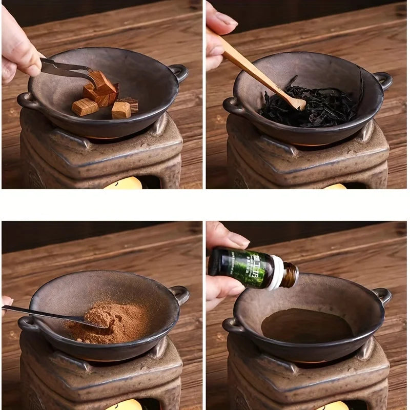 Ceramic handmade imitation floral thread incense tray - Home tea room aroma diffuser lotus leaf base Buddha hall incense burner