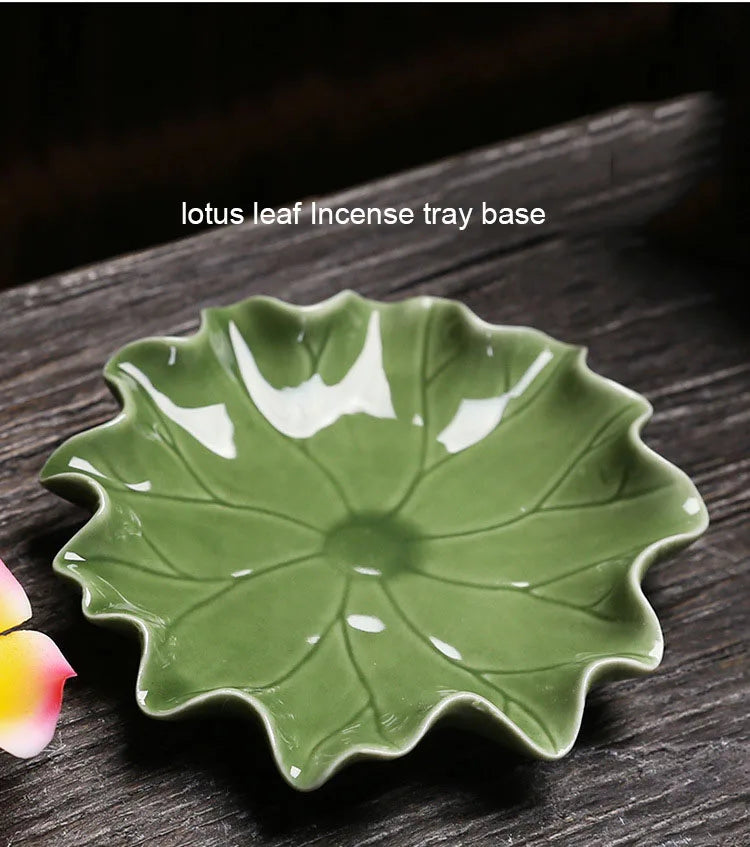 Ceramic handmade imitation floral thread incense tray - Home tea room aroma diffuser lotus leaf base Buddha hall incense burner