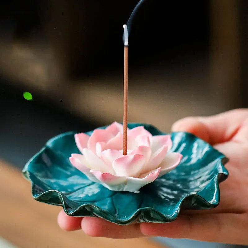 Ceramic handmade imitation floral thread incense tray - Home tea room aroma diffuser lotus leaf base Buddha hall incense burner