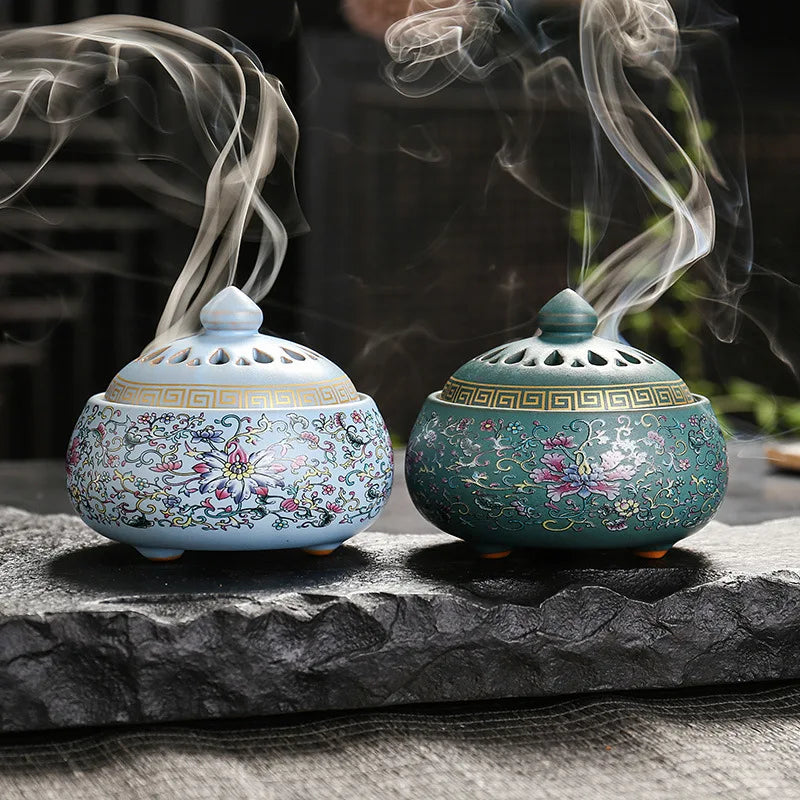 Ceramic handmade imitation floral thread incense tray - Home tea room aroma diffuser lotus leaf base Buddha hall incense burner